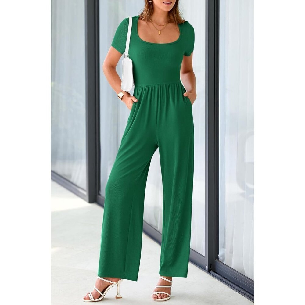 Women's Green Summer Short Sleeve Square Neck Wide Leg Rompers Jumpsuits - Picture 6 of 8